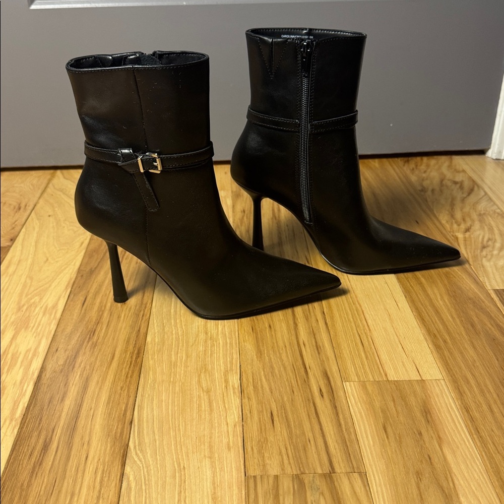 Steve Madden Carolina Ankle Boots Black Leather Pointed Toe Stiletto Heel Bootie - Picture 10 of 10